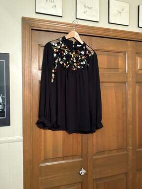 Pleione Black Floral Embroidered Mesh Illusion Neck Blouse Size L